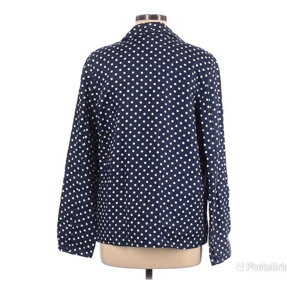 L’ACADEMIE Carter Linen Blazer Open Front Navy Blue White Polka Dot Medium New - Picture 3 of 16